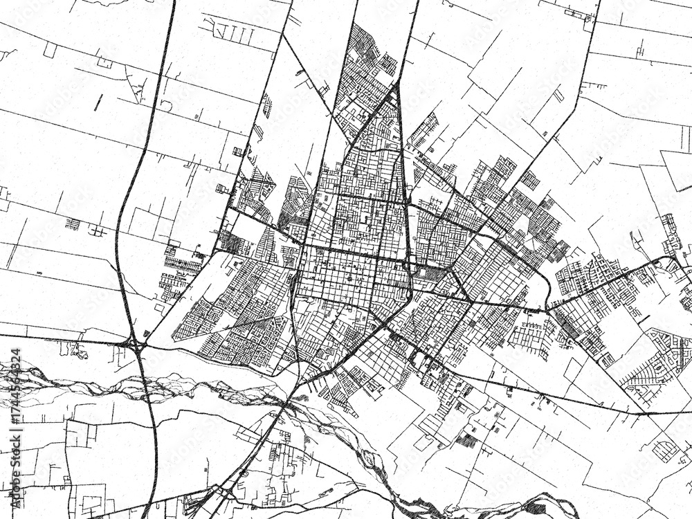 Fototapeta premium Decorative monochrome illustration of Rancagua, Chile, showing its detailed grid.