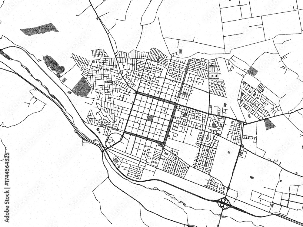 Naklejka premium Black and white illustrated map of San Felipe, Chile, with streets, rivers, and neighborhoods.