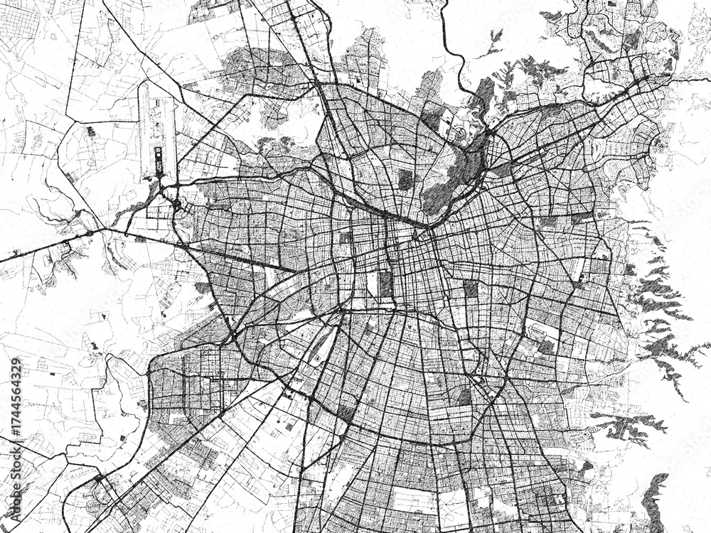 Fototapeta premium Artistic urban sketch of Santiago, Chile, detailed in black and white map form.