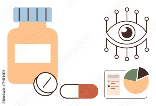 Medicine bottle with pills, digital eye symbolizing AI, and data charts representing medical insights. Ideal for AI in healthcare, pharmaceutical innovation, medical research, data analytics, health