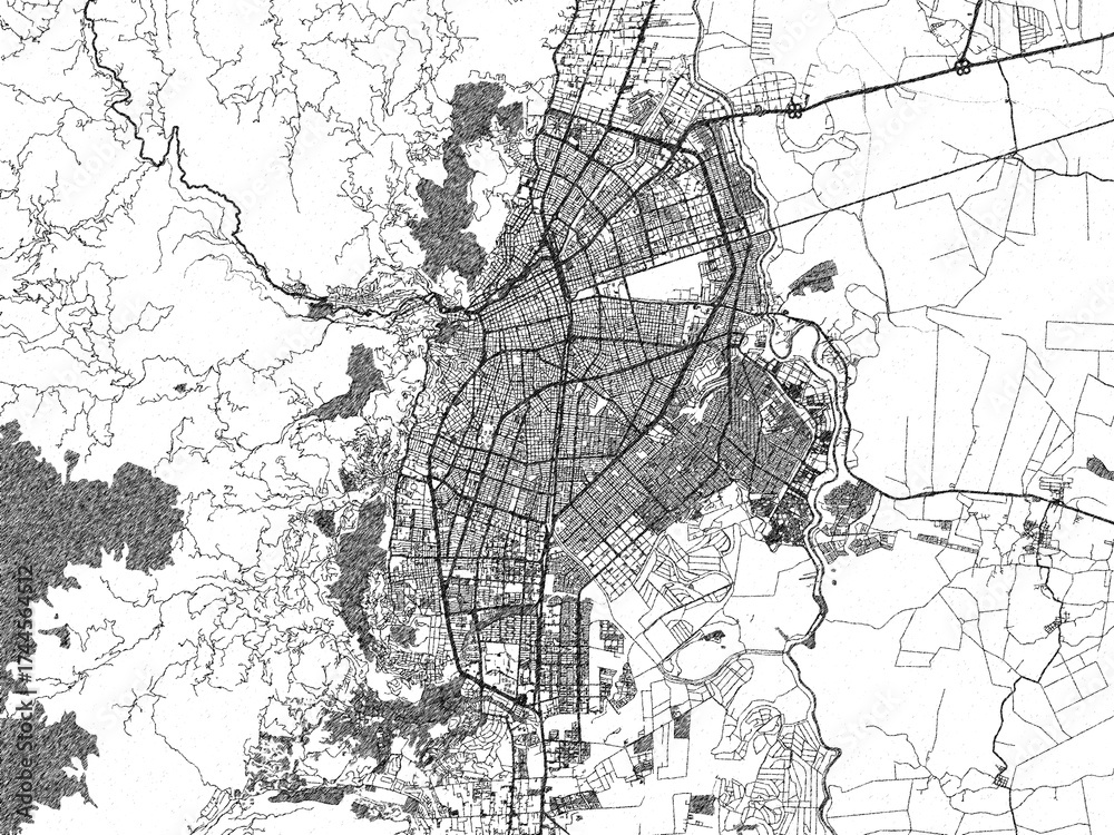 Obraz premium Monochrome hand-drawn style map of Cali, Colombia, ideal for decorative and editorial use.