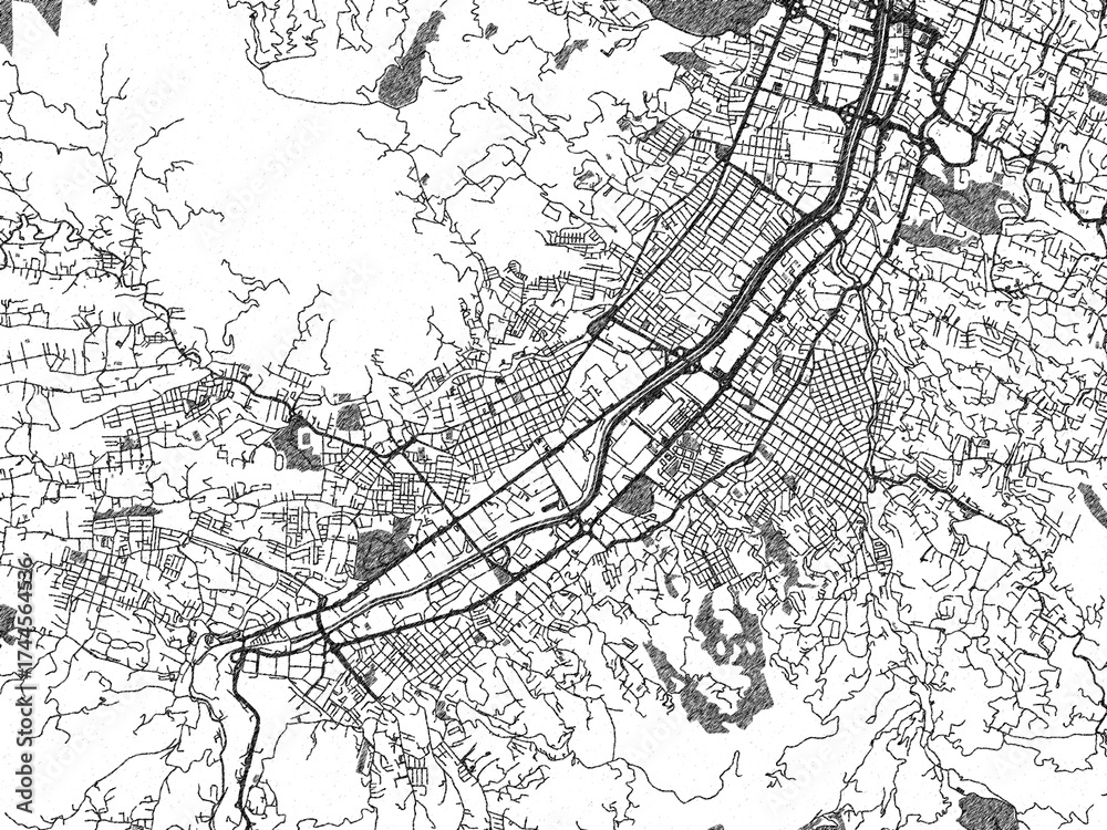 Fototapeta premium Stylized decorative city map of Itaguei, Colombia, hand-drawn in black and white.