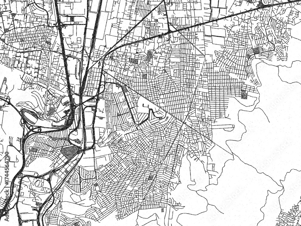 Fototapeta premium Hand-drawn style black and white city map of Buenavista, Mexico, ready for wall art or editorial projects.