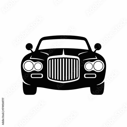 Elegant front view icon of a classic luxury car. Black silhouette of a prestigious vintage automobile with a prominent grille, isolated on a white background. Vector illustration.