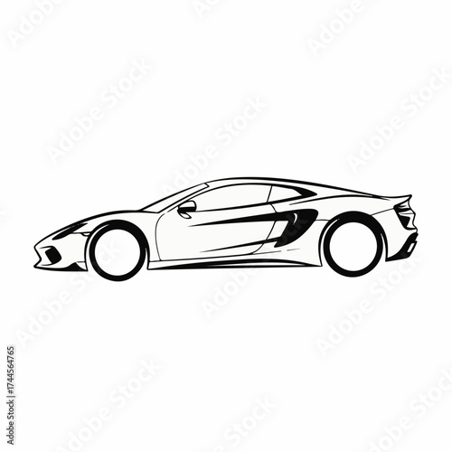 Minimalist side profile outline of a modern sports car. Sleek black and white line art of a fast luxury supercar. Vector illustration icon isolated on a white background.