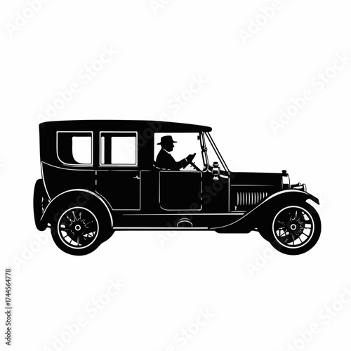 Silhouette of a man in a hat driving a classic 1920s car. Side profile vector illustration of a chauffeur in a vintage automobile from the Prohibition era, isolated on white.