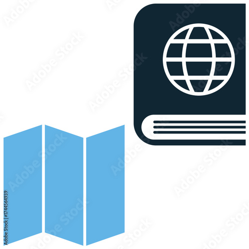 Atlas icon vector. Ideal for geography, education, and comprehensive mapping themes. This graphic symbolizes a collection of maps or a resource for global knowledge.