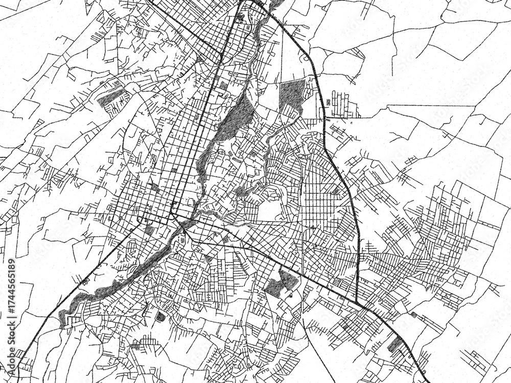 Naklejka premium Decorative black and white map of Cuautla, Mexico, rendered in sketch-like style.