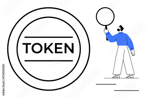 Large circular token design with text, next to a person in blue holding a magnifying glass. Ideal for finance, blockchain, cryptocurrency, investment, research, branding, simple landing page