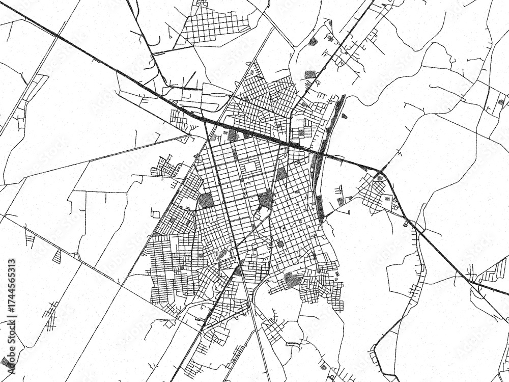 Fototapeta premium Poster-ready black and white illustration map of Guasave, Mexico, detailed and artistic.