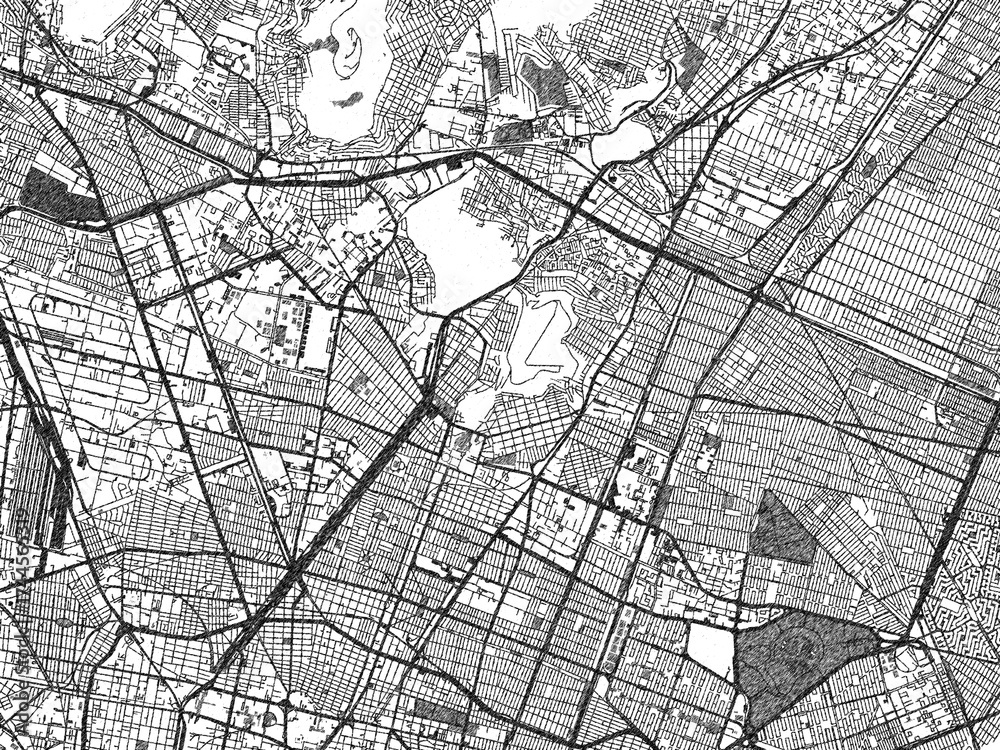 Naklejka premium Artistic monochrome city map of Gustavo Adolfo Madero, Mexico, created in a hand-drawn style.