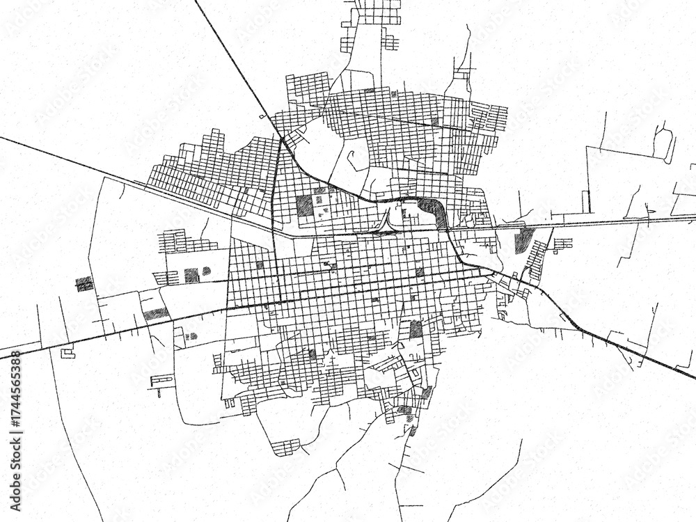 Fototapeta premium Stylized decorative city map of Heroica Caborca, Mexico, hand-drawn in black and white.