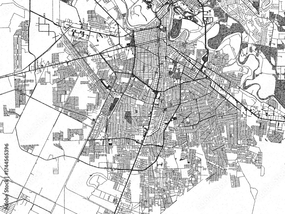 Naklejka premium Monochrome hand-drawn style map of Heroica Matamoros, Mexico, ideal for decorative and editorial use.