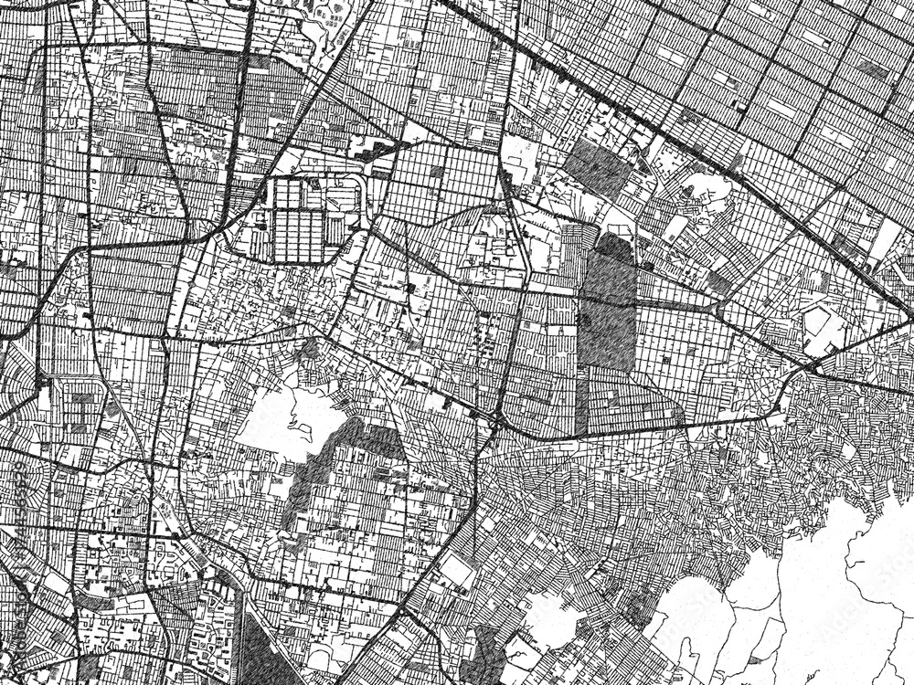 Naklejka premium Hand-drawn style black and white city map of Iztapalapa, Mexico, with detailed streets and textures.