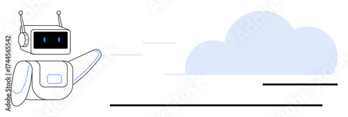 A robot with an antenna and blue eyes gesturing toward a cloud, representing modern technology, AI, and innovation. Ideal for AI, cloud computing, technology, automation, communication efficiency