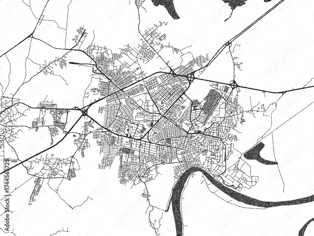 Obraz premium Illustrated city map of Minatitlan, Mexico, in black and white, showing roads and textures.