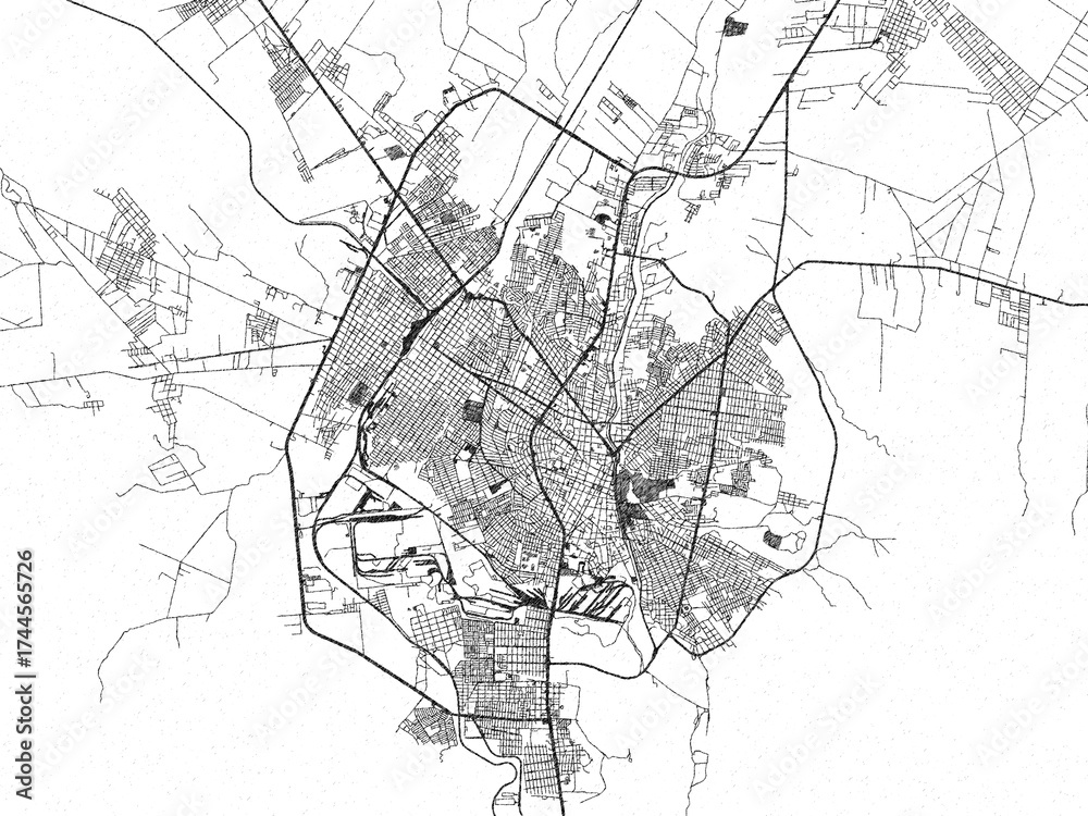 Fototapeta premium Black and white illustrated map of Monclova, Mexico, with streets, rivers, and neighborhoods.