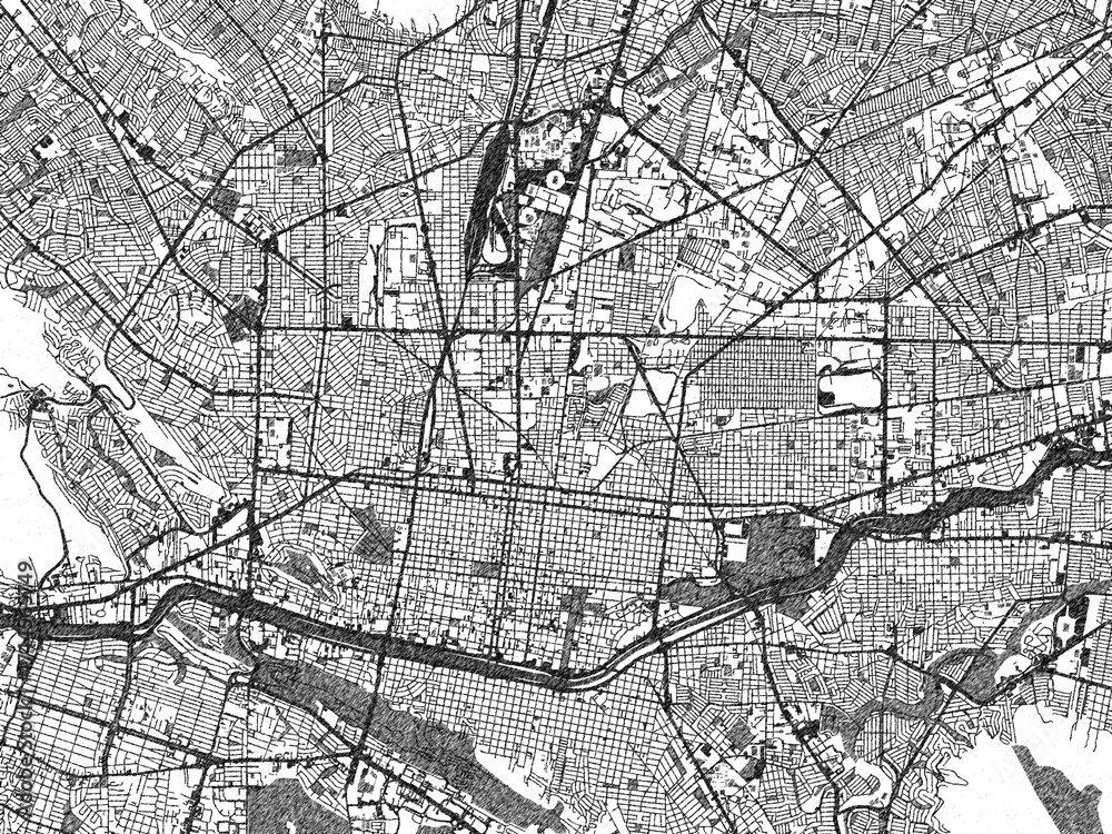 Naklejka premium Monochrome sketch map of Monterrey Center, Mexico, ideal for posters, prints, and travel design.