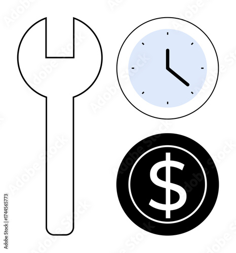 Wrench, circular clock, and dollar icon represent repair, time efficiency, and monetary value. Ideal for business, productivity, maintenance, budgeting teamwork resource management simple flat