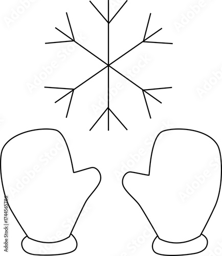 Line art shows mittens  a snow flake winter holiday clip art