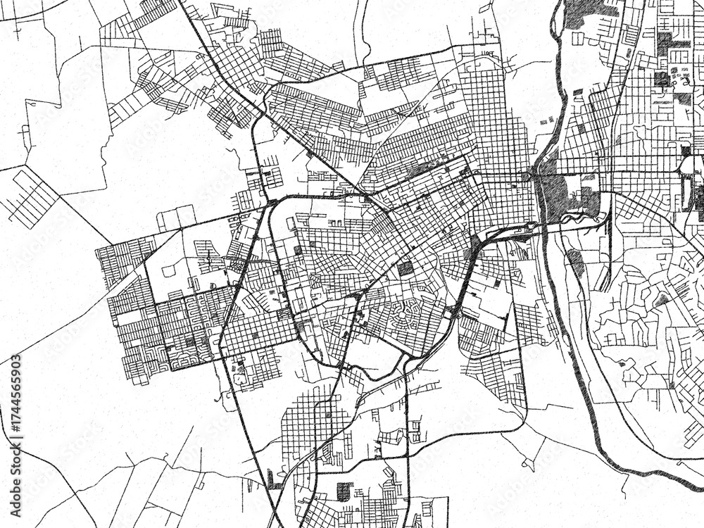 Fototapeta premium Black and white map poster of Piedras Negras, Mexico, illustrated in hand-drawn style.