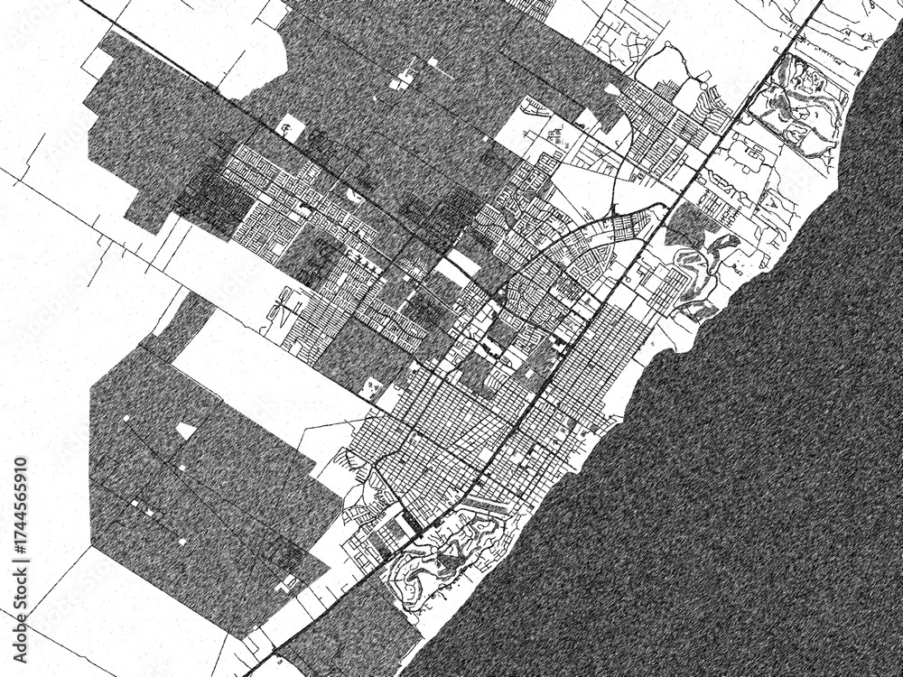 Fototapeta premium Stylized black and white urban map of Playa del Carmen, Mexico, hand-drawn style for decor and creative use.