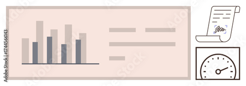 Bar graph representing data insights, signed document for approval, and speedometer for performance. Ideal for business analysis, data review, decision-making, efficiency, metrics management. Clean