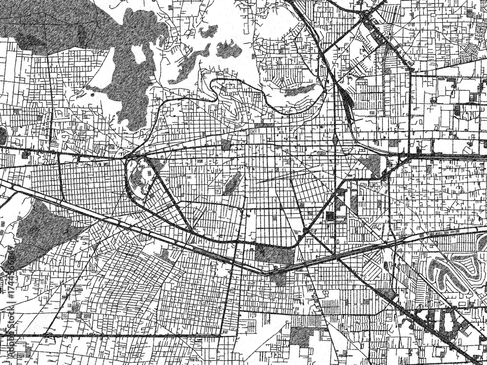 Naklejka premium Black and white illustrated map of Toluca, Mexico, with streets, rivers, and neighborhoods.