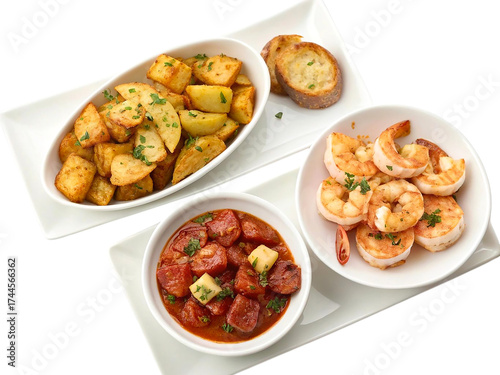 Three delicious spanish tapas selections artfully presented for enjoyment isolated on transparent background