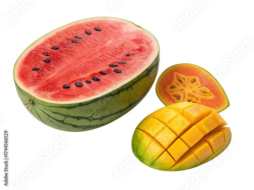 Fresh watermelon slice and two ripe mango halves tropical summer fruits healthy food isolated on transparent background
