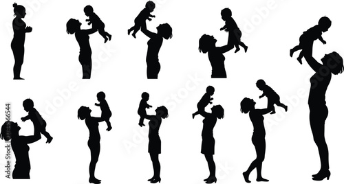 Silhouette of mother holding baby, family love, parent and child bonding, joyful motherhood, parenting affection, care, happiness, family relationship illustration