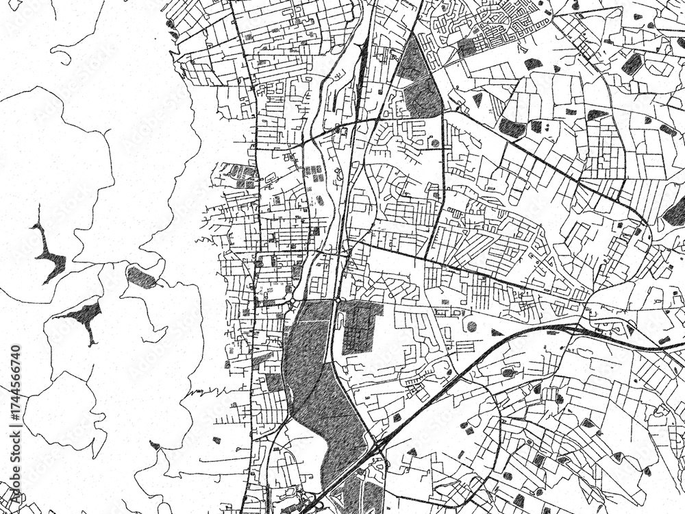Fototapeta premium Poster-ready monochrome city map of Paarl, South Africa, with detailed streets and rivers.