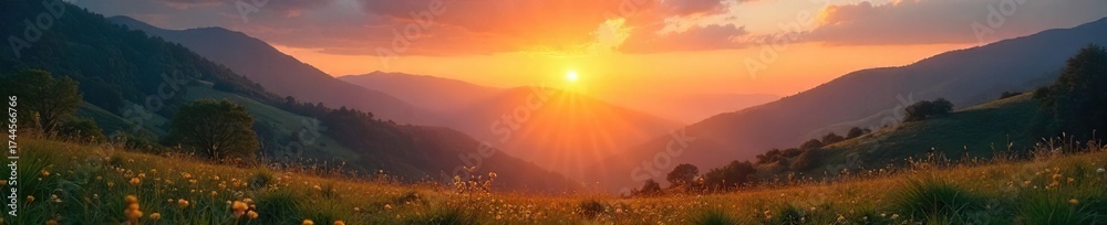 Fototapeta premium Serene Dawn Valley Sun Rays Illuminate Peaceful Landscape, Perfect for Meditation and Mindfulness