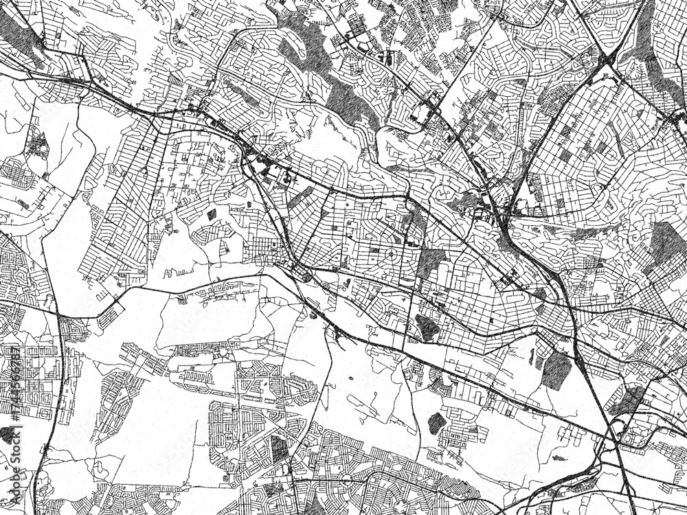 Fototapeta premium Illustrated map of Roodepoort, South Africa, in black and white hand-drawn digital style.