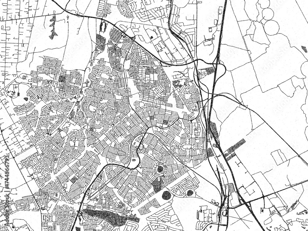 Naklejka premium Detailed black and white map of Tembisa, South Africa, in artistic sketch style.