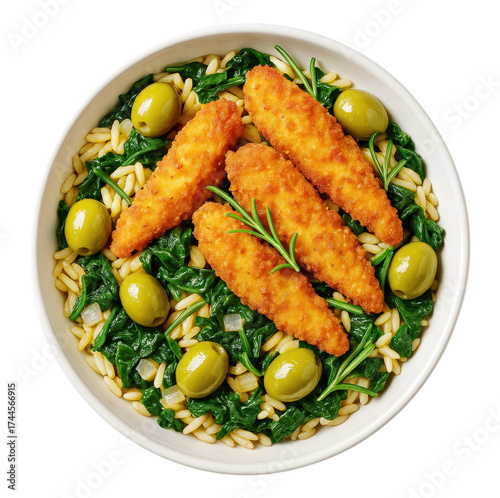 Crispy breaded chicken tenders on a bed of orzo pasta with spinach, green olives, and rosemary, top view, Isolated on Transparent and White Background
