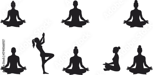 Silhouette of people practicing yoga and meditation poses, mindfulness, relaxation, balance, healthy lifestyle, calm mind, and spiritual wellness.Silhouette 