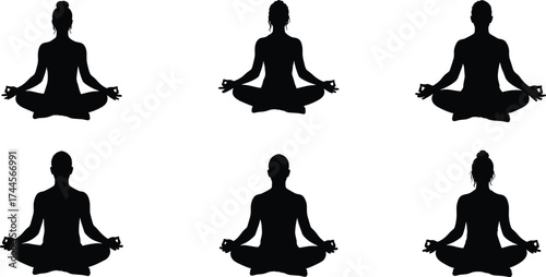 Silhouette of people practicing yoga meditation in lotus pose, calm mind, inner peace, relaxation, mindfulness, and healthy lifestyle concept.Silhouette 