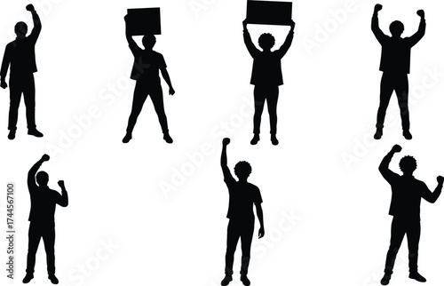 Silhouette of people protesting and raising fists with blank signs, concept of activism, freedom, unity, empowerment, equality, social movement, change