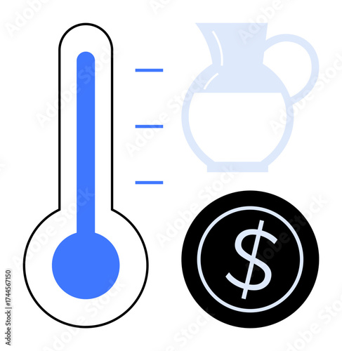 Thermometer with level indicator, water jug symbolizing resources, and dollar coin for budgeting or cost. Ideal for temperature tracking, water conservation, savings, energy use, efficiency
