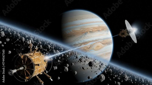 Two advanced spacecraft traverse dense asteroid belt orbiting colossal gas giant A brilliant blue beam connects them likely for communication or energy transfer amidst distant stars