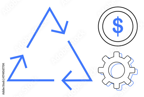 Blue recycling arrows forming a triangle, a dollar sign symbolizing finances, and a gear representing processes. Ideal for sustainability, economy, efficiency, circular economy, profit, process