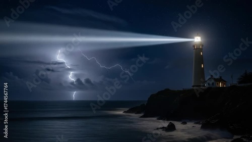 white lighthouse beam cuts across dark star-filled night sky over rugged ocean cliff Distant lightning illuminates the tumultuous waves below offering guiding beacon amidst the storm