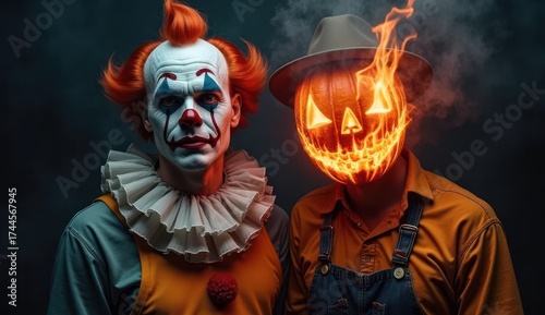 Two costumed figures stand together, one as a clown and the other with a flaming pumpkin head, eerie atmosphere