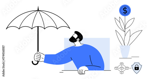 Person holding umbrella symbolizing protection, alongside plant with coin, lock, and interconnected nodes. Ideal for finance, insurance, security, growth safety investment risk management. A
