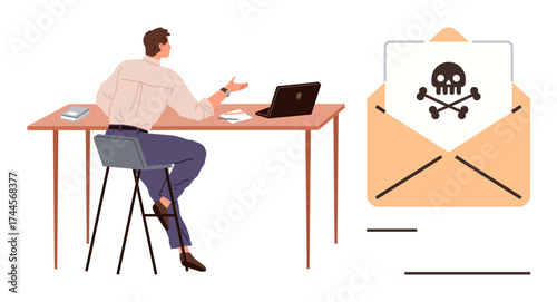 Man at desk reacts to email with danger icon indicating malware. Ideal for cybersecurity, phishing awareness, online safety, data protection, IT support, email threats, simple flat metaphor