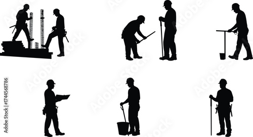 Silhouettes of construction workers performing various building tasks with tools, safety helmets, teamwork, and industrial equipment on construction site.