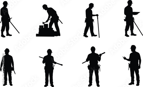 Silhouettes of construction workers wearing safety helmets, holding tools and equipment, industrial labor teamwork, engineering profession, building site concept illustration.