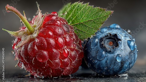 Berries and blueberries in liquid with splash close up food still life.