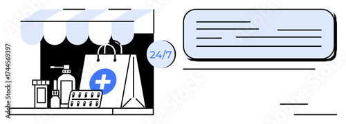 Pharmacy storefront with medicine bag, bottles, pills, and a 247 sign, showcasing availability. Ideal for healthcare, e-commerce, online services, medicine delivery accessibility simple flat